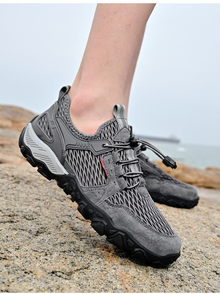 Men's Summer Leather Breathable Outdoor Sports Casual Shoes Non-slip Soft-soled Mesh Surface Hiking Shoes