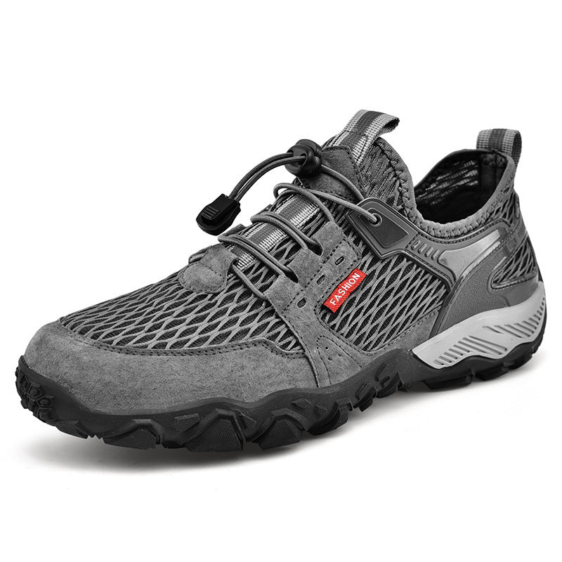 Men's Summer Leather Breathable Outdoor Sports Casual Shoes Non-slip Soft-soled Mesh Surface Hiking Shoes